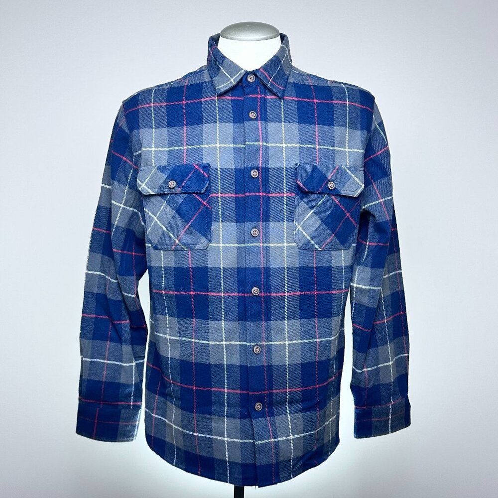 JACHS New York Plaid Flannel Shirt L Blue Grey Red Cotton Vietnam